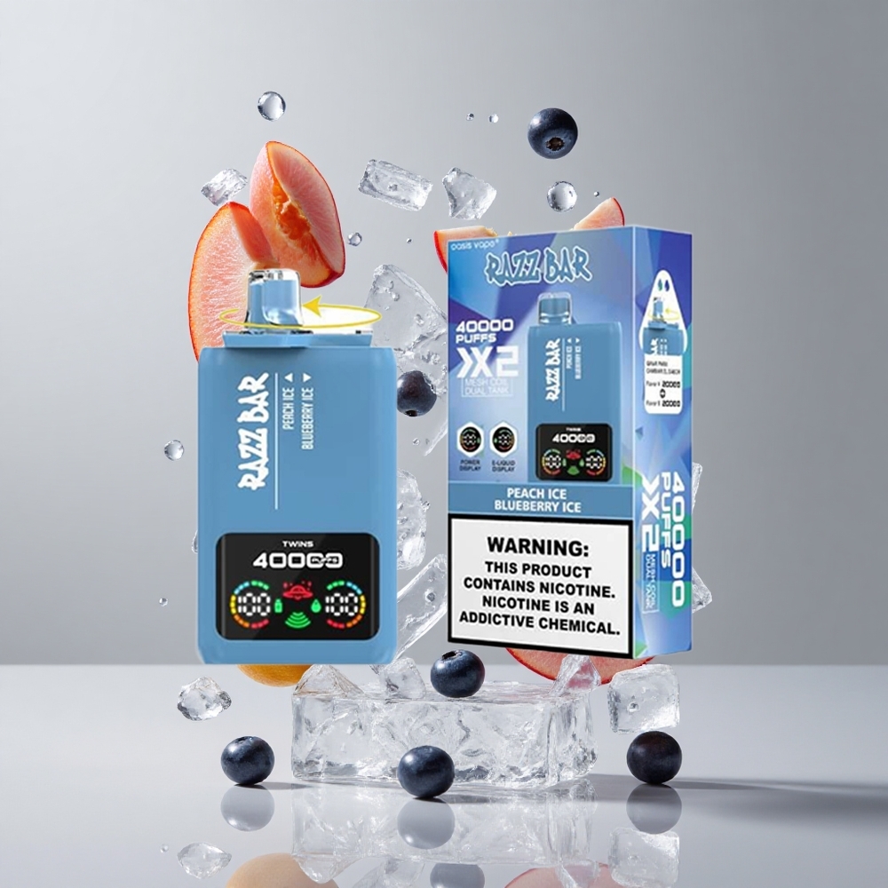 Razz Bar 40000 Puffs Egyhasználatos E-cigaretta Őszibarack Jéger és Áfonya Jéger, Képernyős Megjelenítés, Típus-C Port