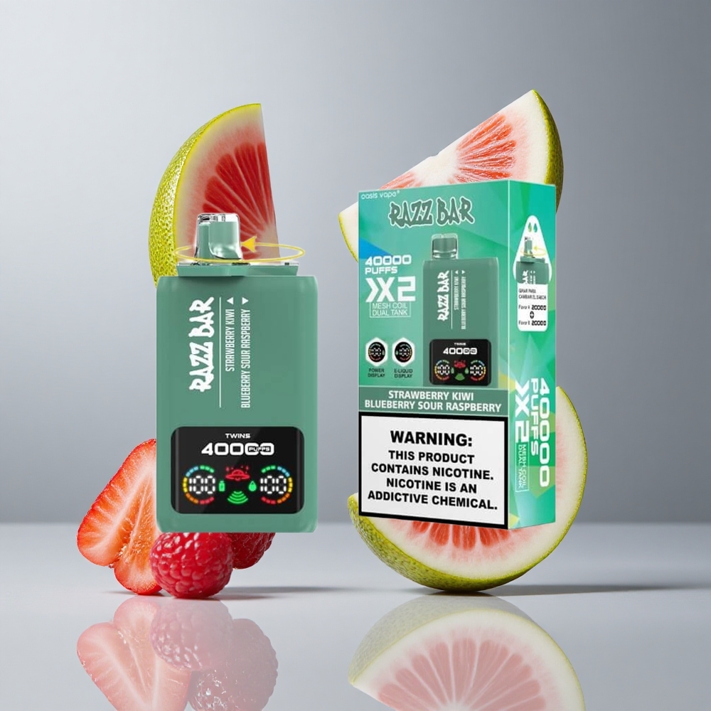 Razz Bar 40000 Puffs Egyszer Használatos Vape Eper-Kiwi_Áfonya Savanyú Málna Kijelzős Teljesítménymérő és 650mAh Type-C Port