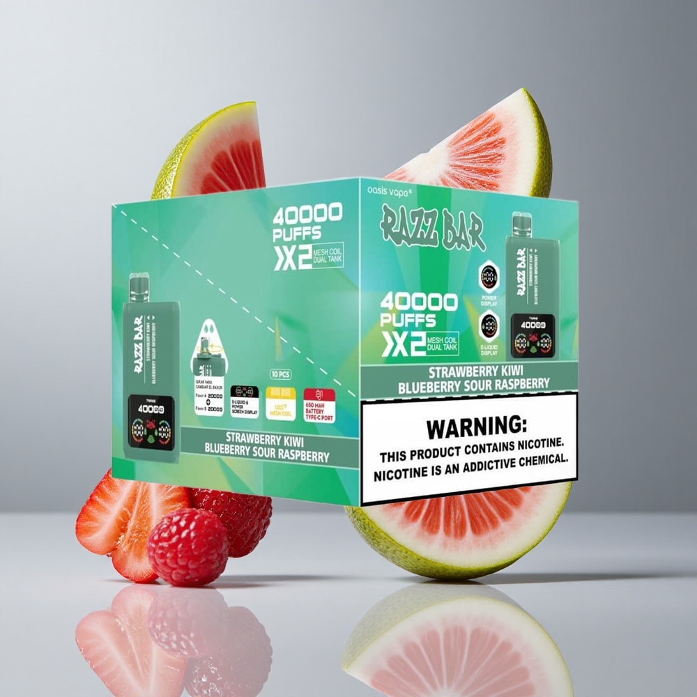 Razz Bar 40000 Puffs Egyszer Használatos Vape Eper-Kiwi_Áfonya Savanyú Málna Kijelzős Teljesítménymérő és 650mAh Type-C Port