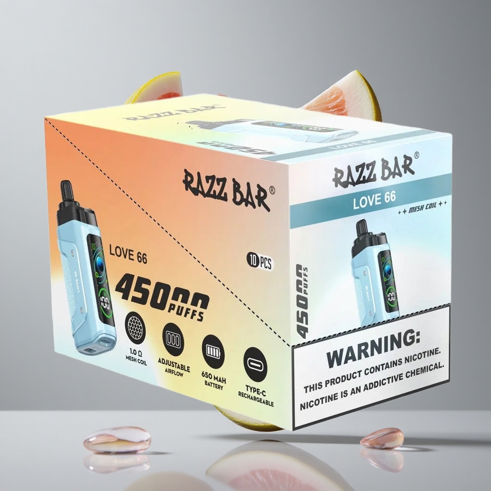 Razz Bar 45000 Puffs Szerelem 66 Eldobható E-cigaretta Állítható Légáramlás és 1.0 Ohm Mesh Coil
