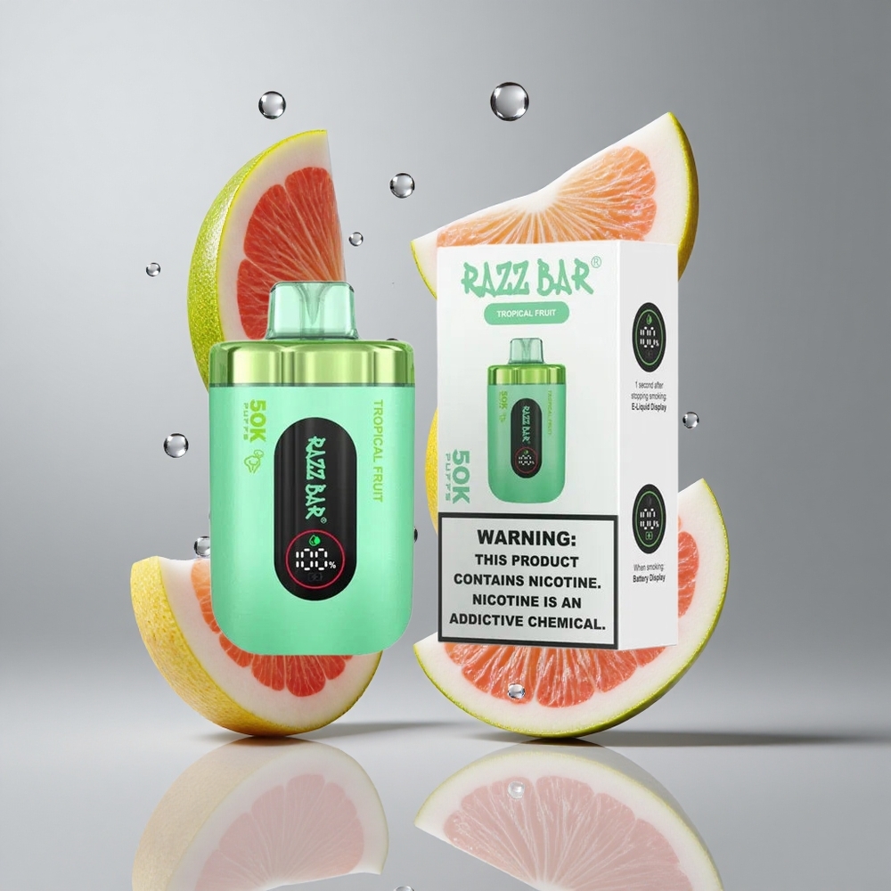 Razz Bar 50K Puffs Egyszer Használatos E-cigaretta Trópusi Gyümölcs és Málna 50000 Puffs, 1.0 Ohm Mesh Coil