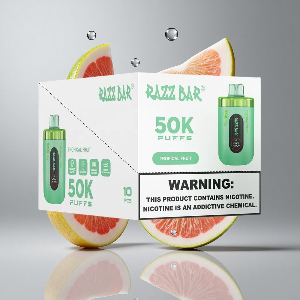 Razz Bar 50K Puffs Egyszer Használatos E-cigaretta Trópusi Gyümölcs és Málna 50000 Puffs, 1.0 Ohm Mesh Coil