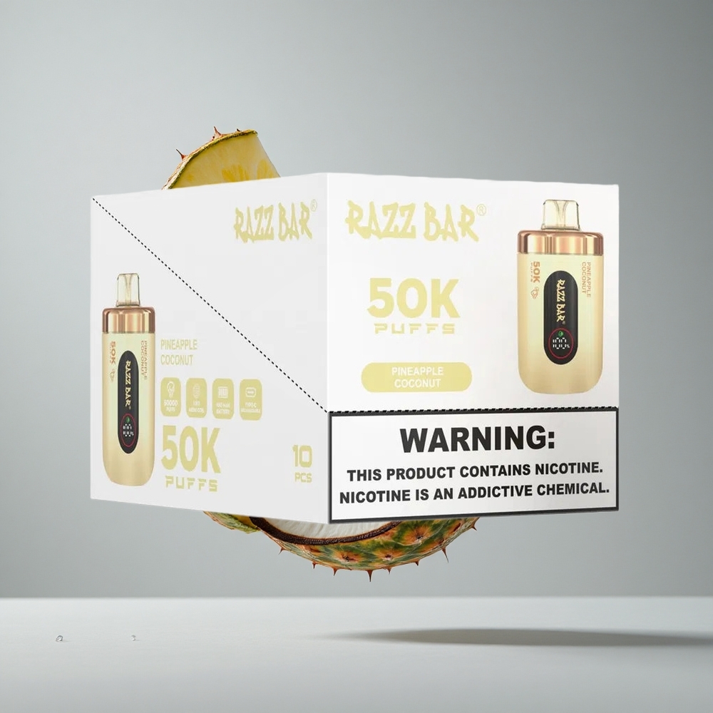 Razz Bar 50K Puffs Eldobható E-cigaretta Ananász-Kókusz Íz Funkciók: Akár 50000 Puffs Típus-C feltöltés
