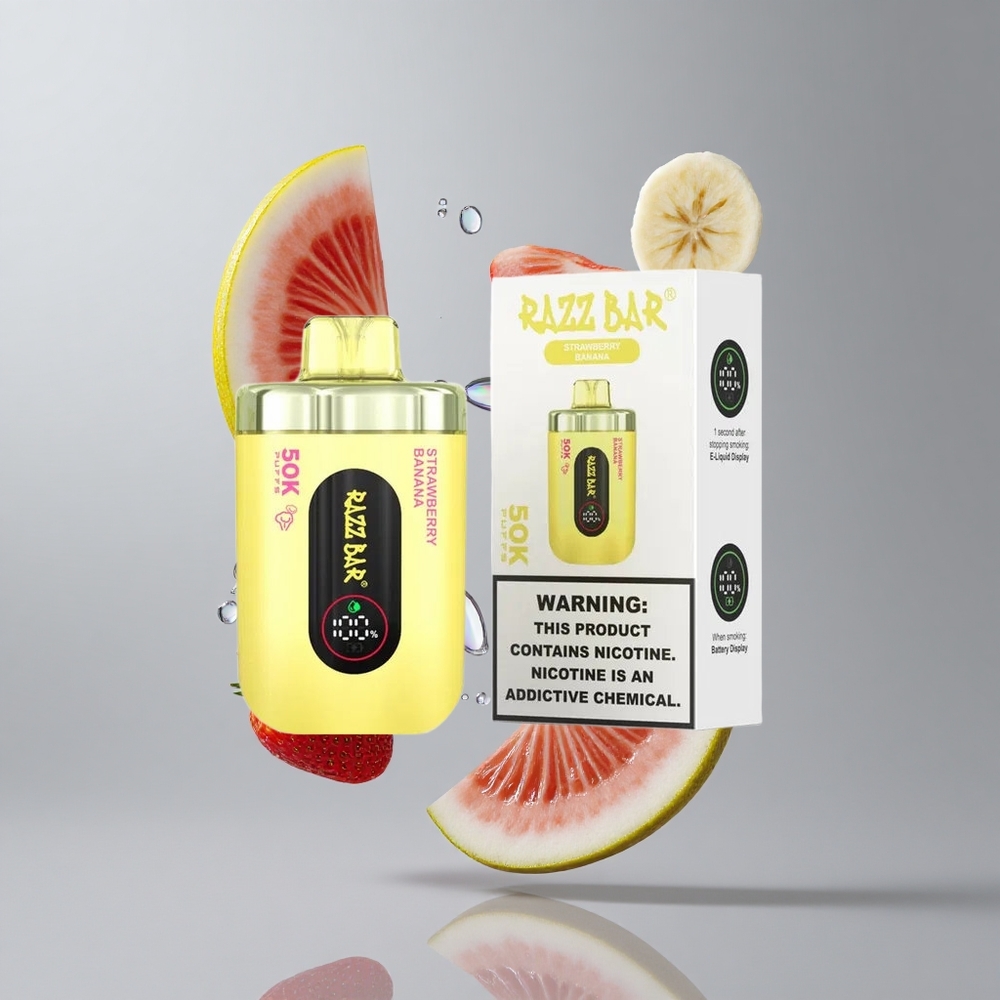 Razz Bar 50K Puffs Eldobható E-cigaretta Eper-Banán 50000 Puffs és 650 Mah Akkumulátor