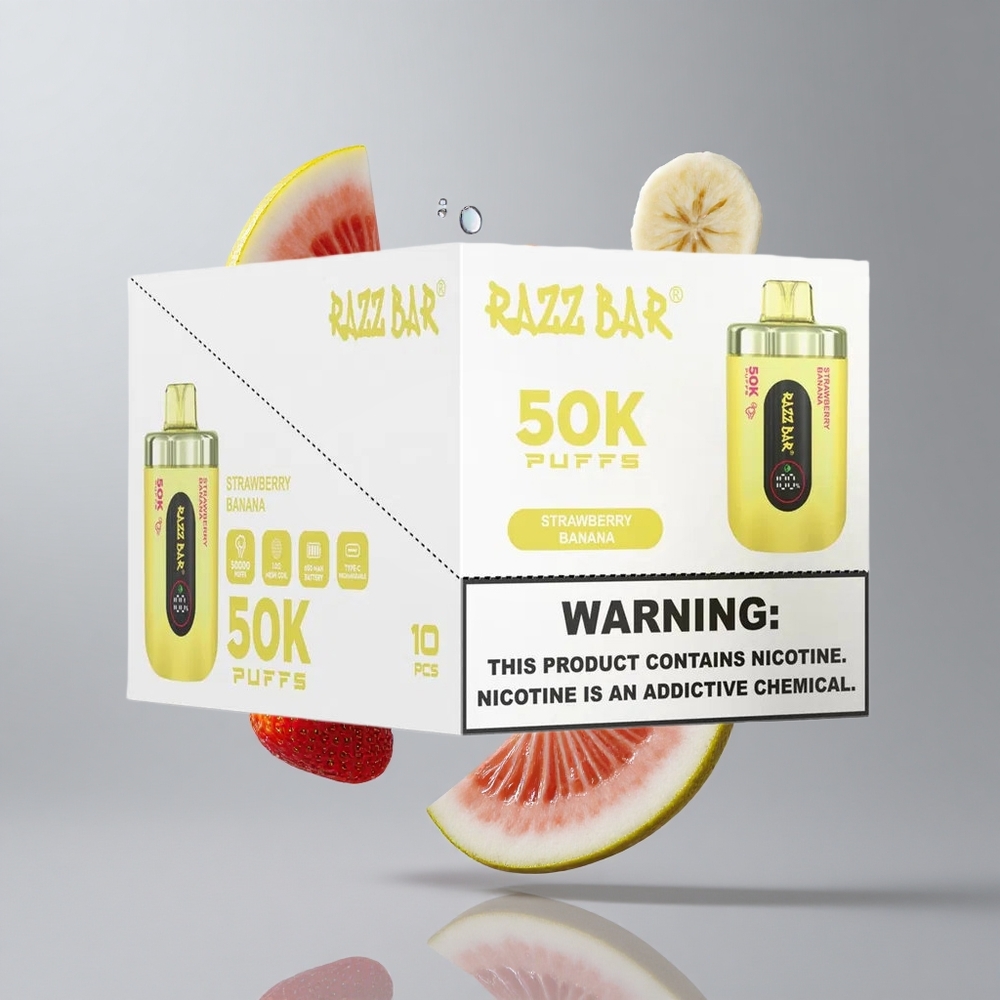 Razz Bar 50K Puffs Eldobható E-cigaretta Eper-Banán 50000 Puffs és 650 Mah Akkumulátor