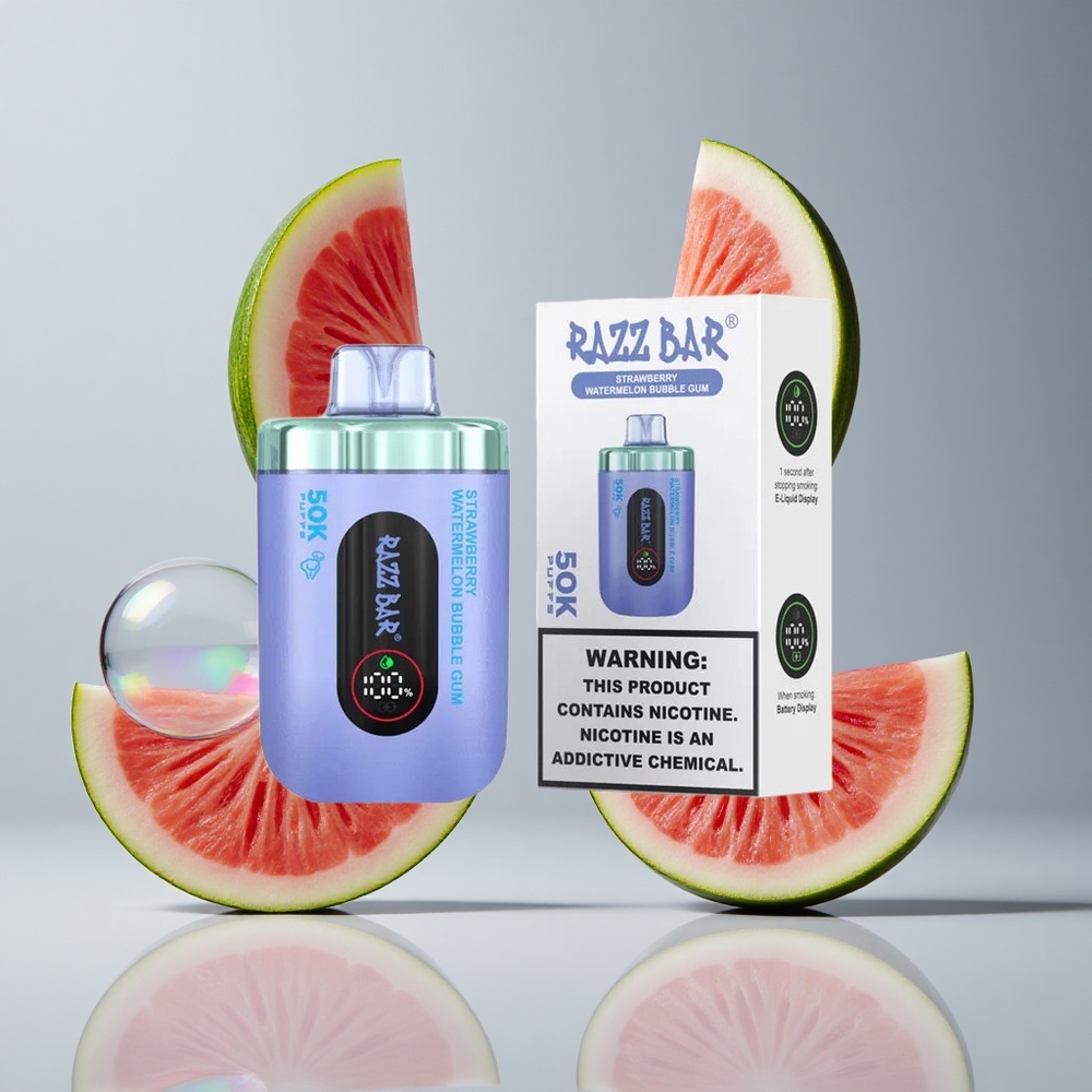 Razz Bar 50K Puffs Eldobható E-cigaretta Eper-Görögdinnye Buborékrágyás 50000 Puffs Típus-C feltölthető