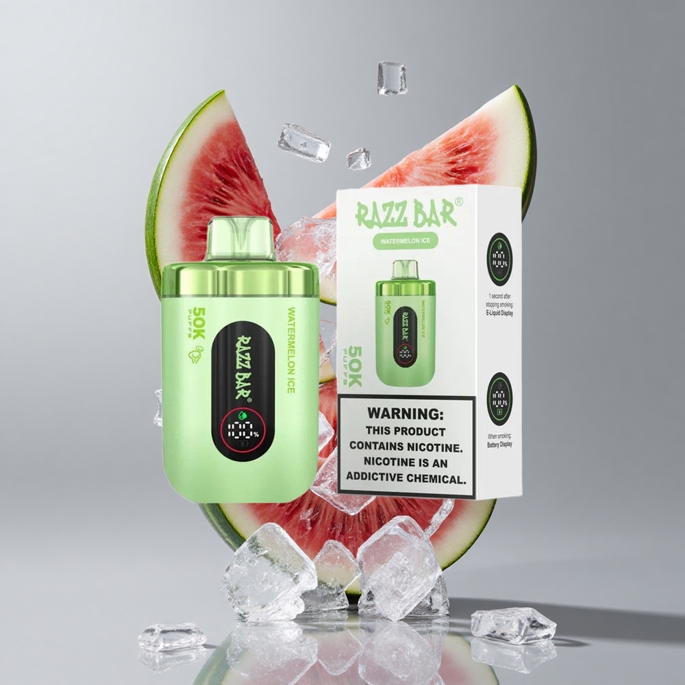 Razz Bar 50K Puffs Eldobható E-cigaretta Görögdinnye Jég és Málna, 50000 Puffs, Type-C Töltés