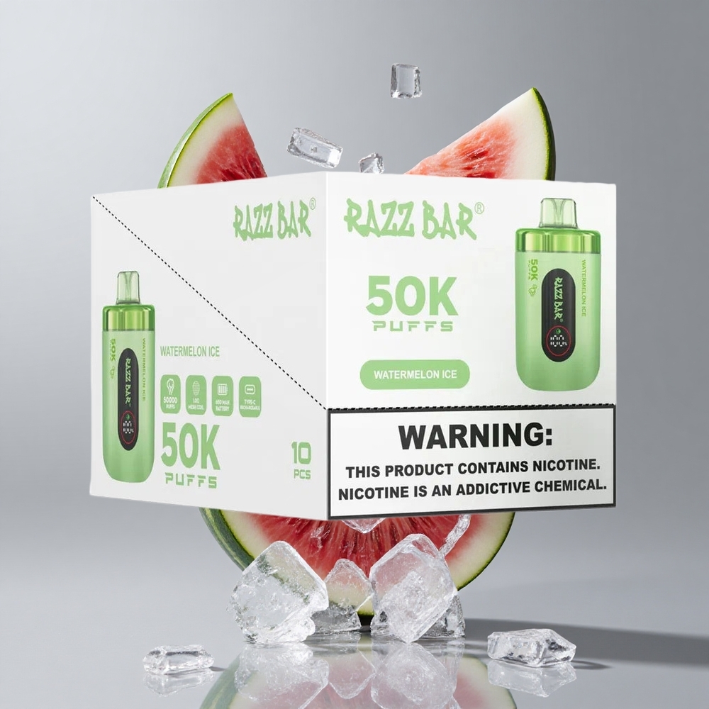 Razz Bar 50K Puffs Eldobható E-cigaretta Görögdinnye Jég és Málna, 50000 Puffs, Type-C Töltés
