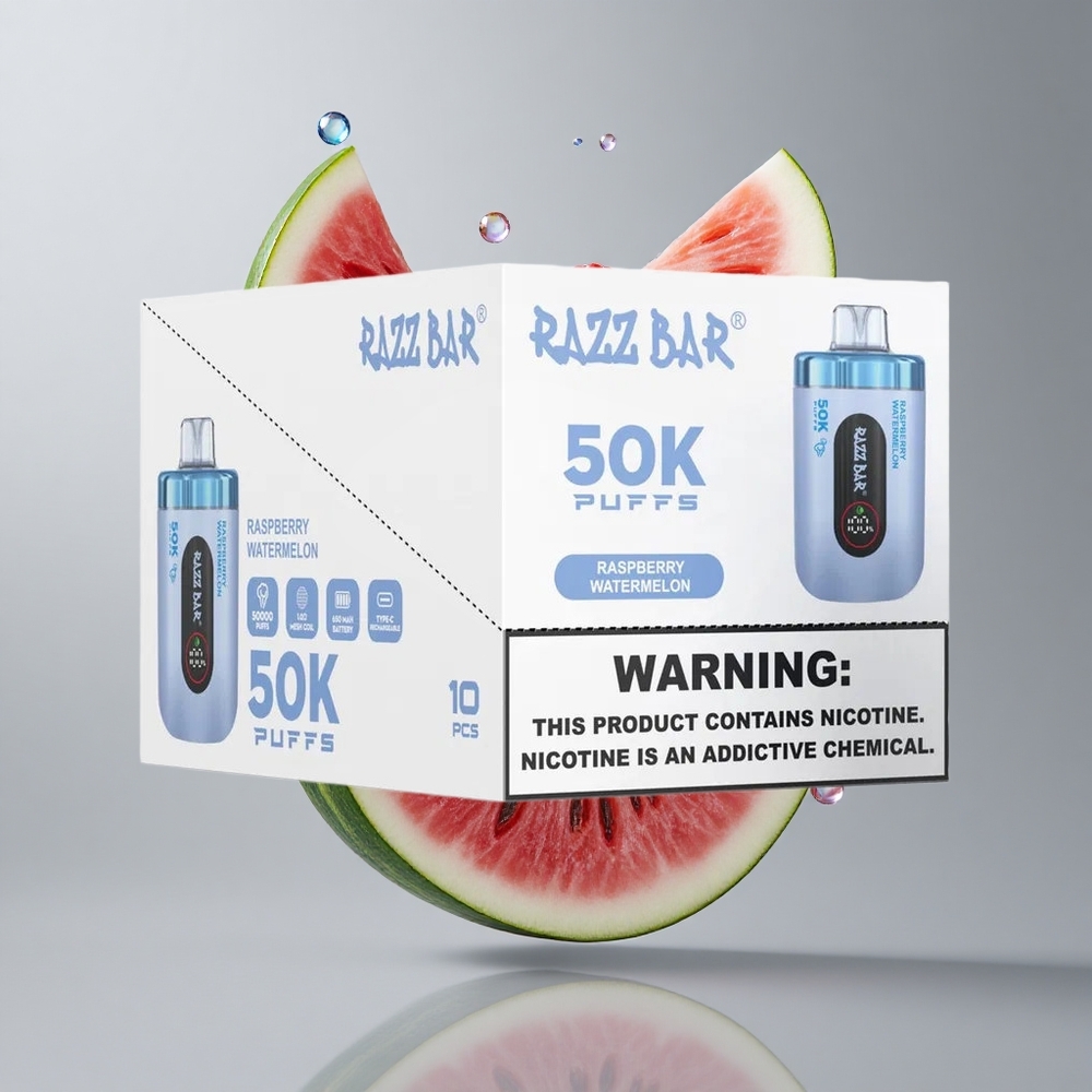 Razz Bar 50K Puffs Eldobható E-cigaretta Málna Görögdinnye Íz, 50000 Puffs, 1.0 Ohm Mesh Coil