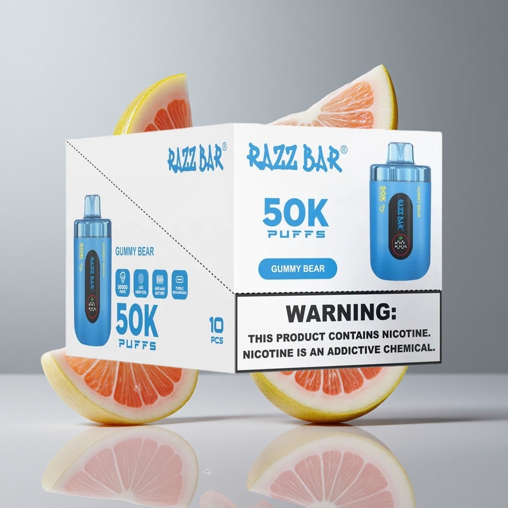 Razz Bar 50K Puffs Eldobható E-cigaretta Málna Medve 650 mAh Akkumulátor USB-C Töltés 2% Nikotintartalom